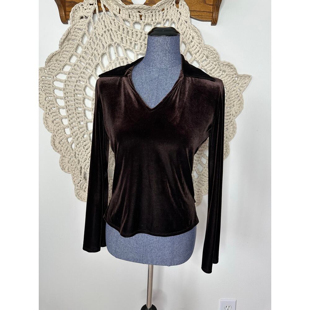Laundry By Shelli Segal Vintage 90s Chocolate Brown Velvet Collared Shirt Small